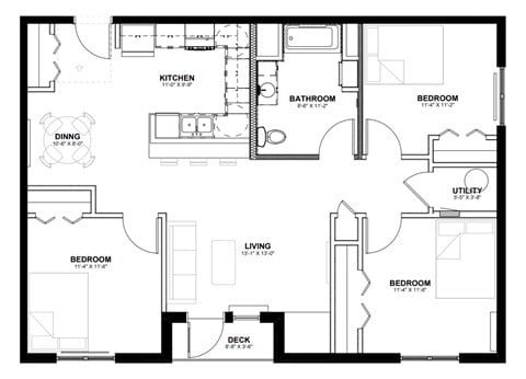Floor plan for 3 beds, 1 bath, 1083 sqft